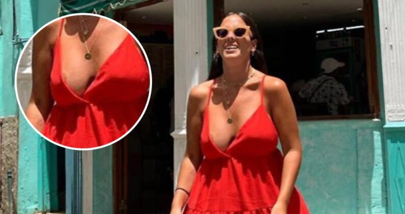 Desnudos accidentales de Anabel Pantoja sin sujetador se le escapa uno de sus pezones mientras pasea con vestido rojo por la calle